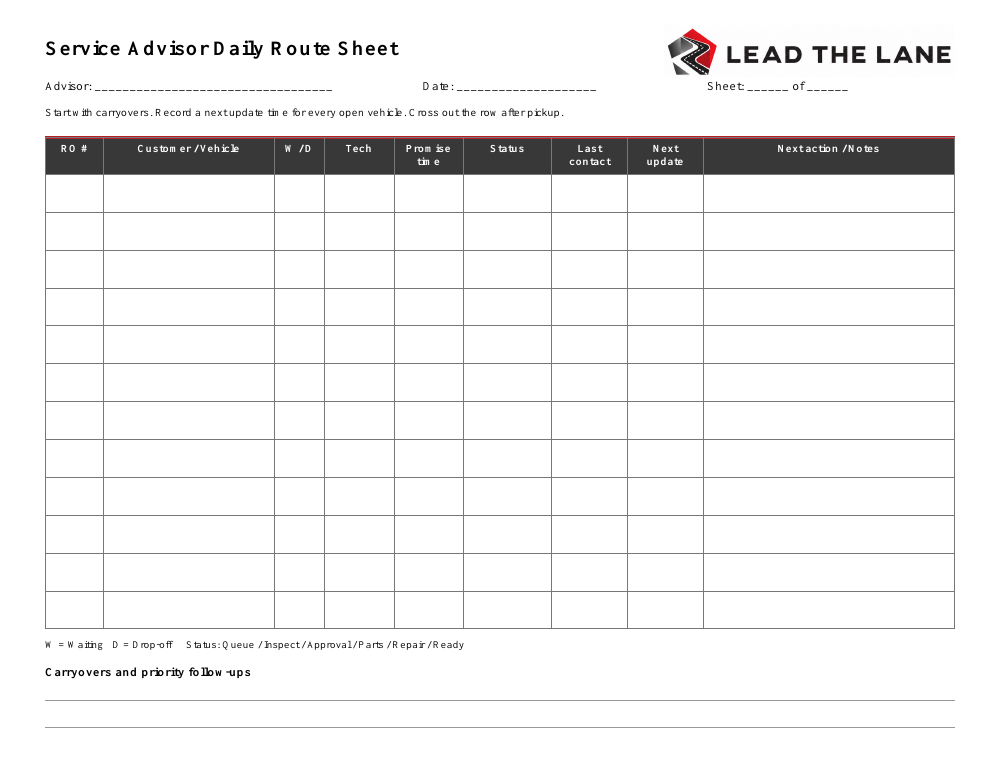 Actual Lead The Lane Service Advisor Daily Route Sheet with fields for vehicle, technician, promise time, status, and customer follow-up